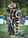Bhagalpur Handloom Pure Linen Saree With Gold & Silver Stripes-Black