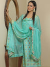 Banarasee Salwar Kameez Semi Katan Silk Zari Buti Fabric With Chiffon Dupatta-Cyan Green