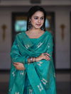 Pure Handloom Khadi Cotton Hand-Dyed Batik Pattern Salwar Kameez Dupatta Set-Green & Orange