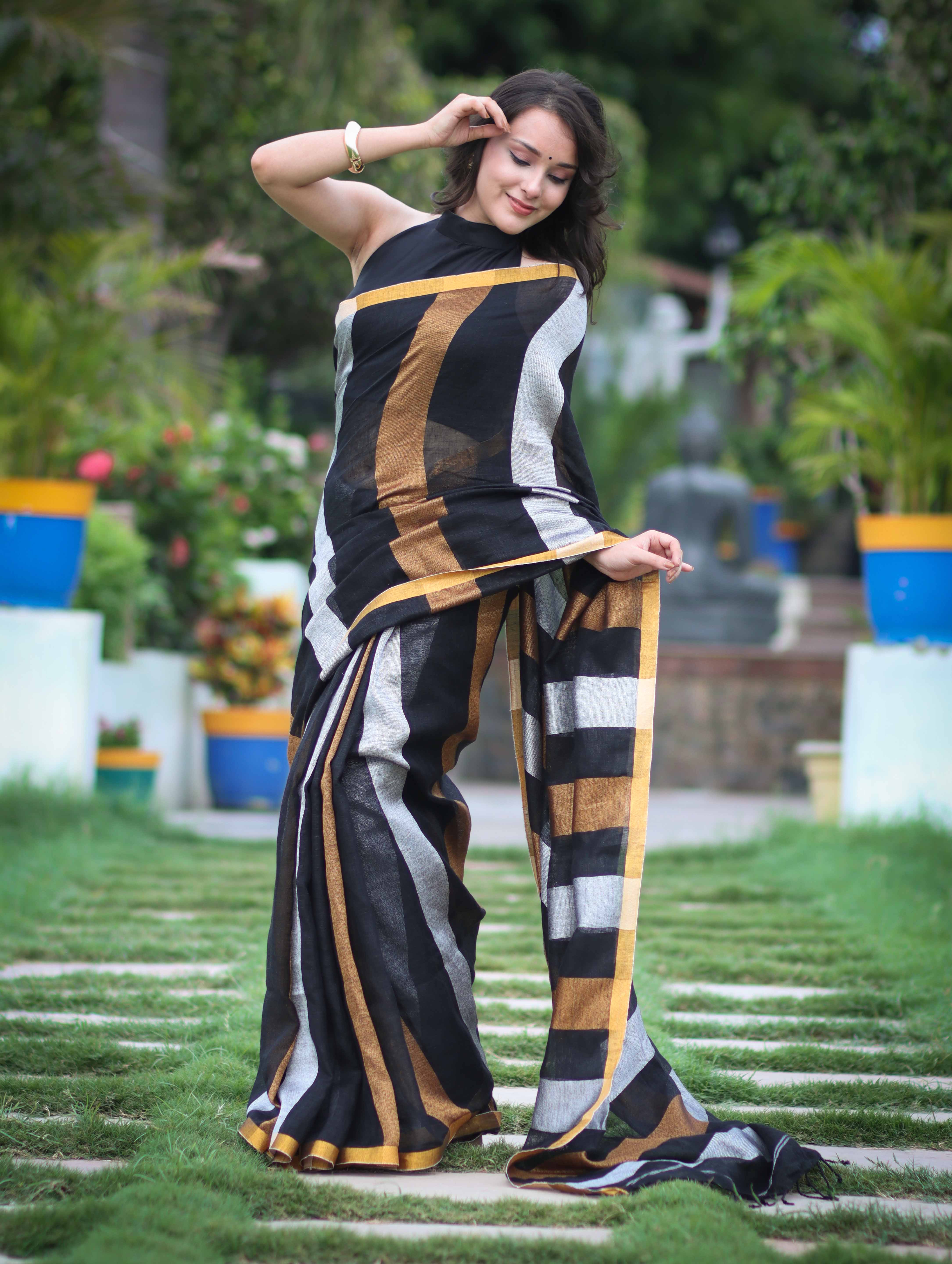 Bhagalpur Handloom Pure Linen Saree With Gold & Silver Stripes-Black