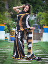 Bhagalpur Handloom Pure Linen Saree With Gold & Silver Stripes-Black