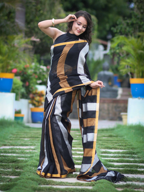 Bhagalpur Handloom Pure Linen Saree With Gold & Silver Stripes-Black