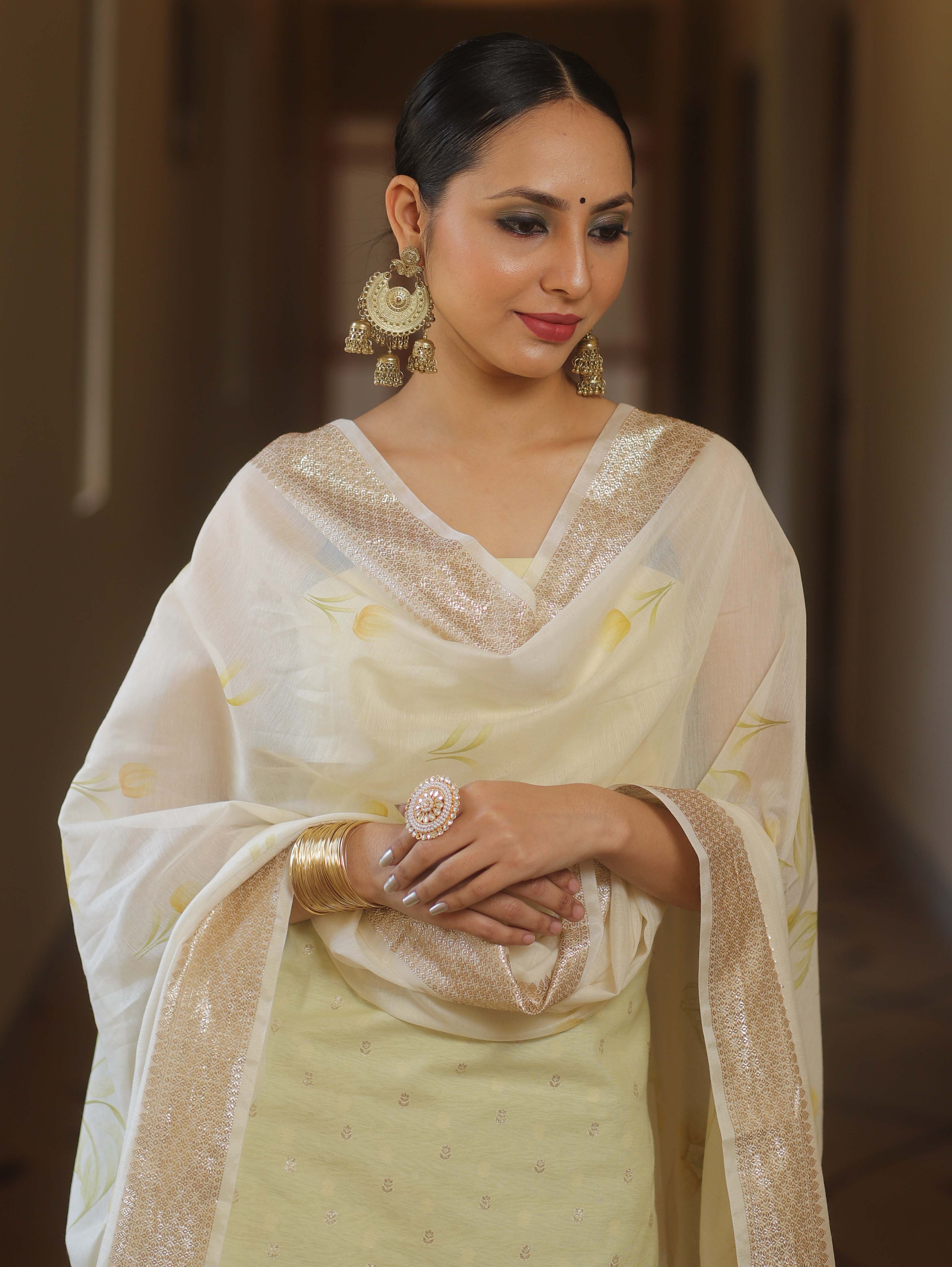 Banarasee Lurex Cotton Zari Work Salwar Kameez Fabric With Hand Painted Dupatta-Yellow