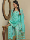 Banarasee Salwar Kameez Semi Katan Silk Zari Buti Fabric With Chiffon Dupatta-Cyan Green