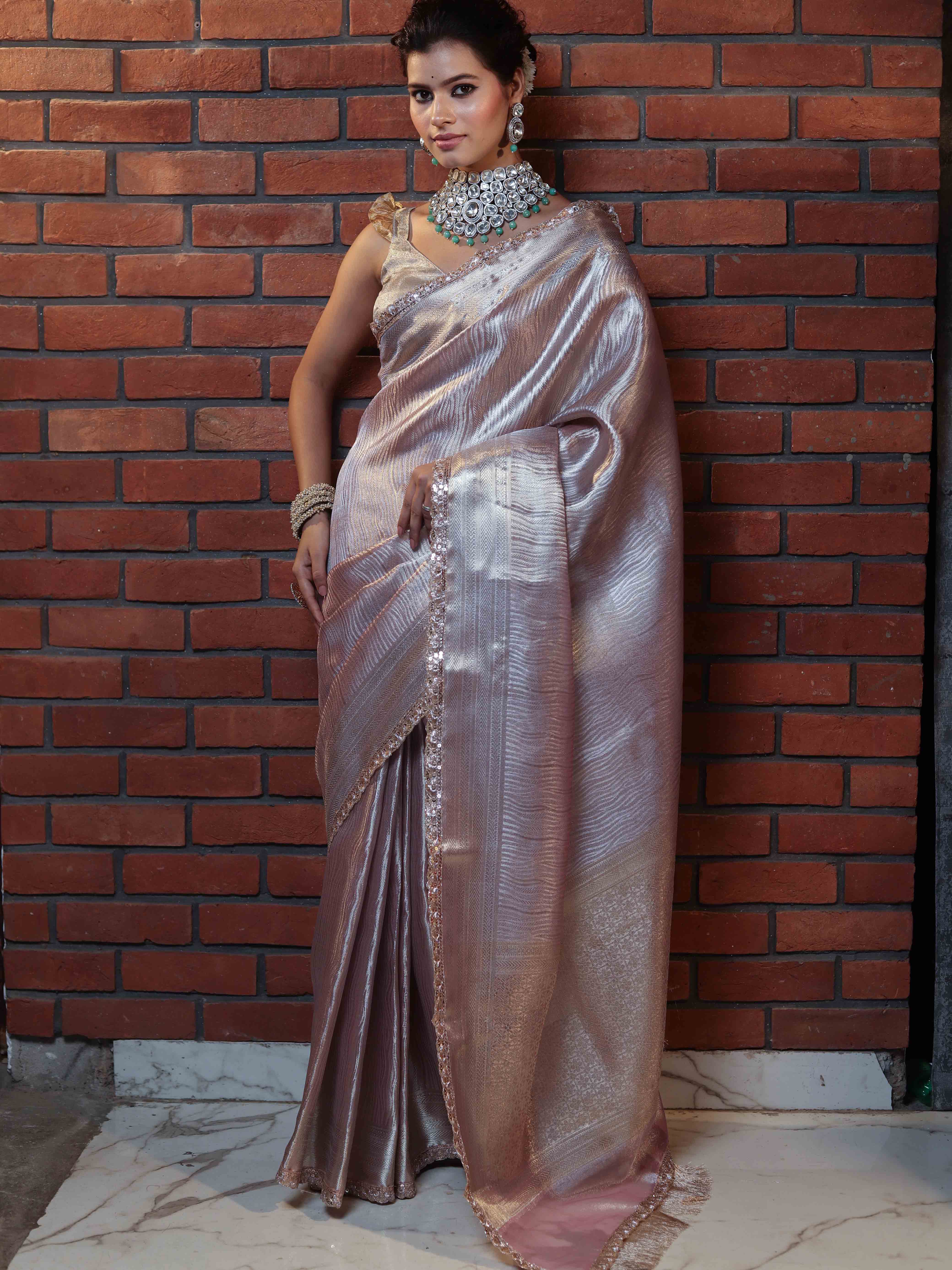 Banarasee Handwoven Tissue Saree With Silver Zari Design & Lace-Light Pink