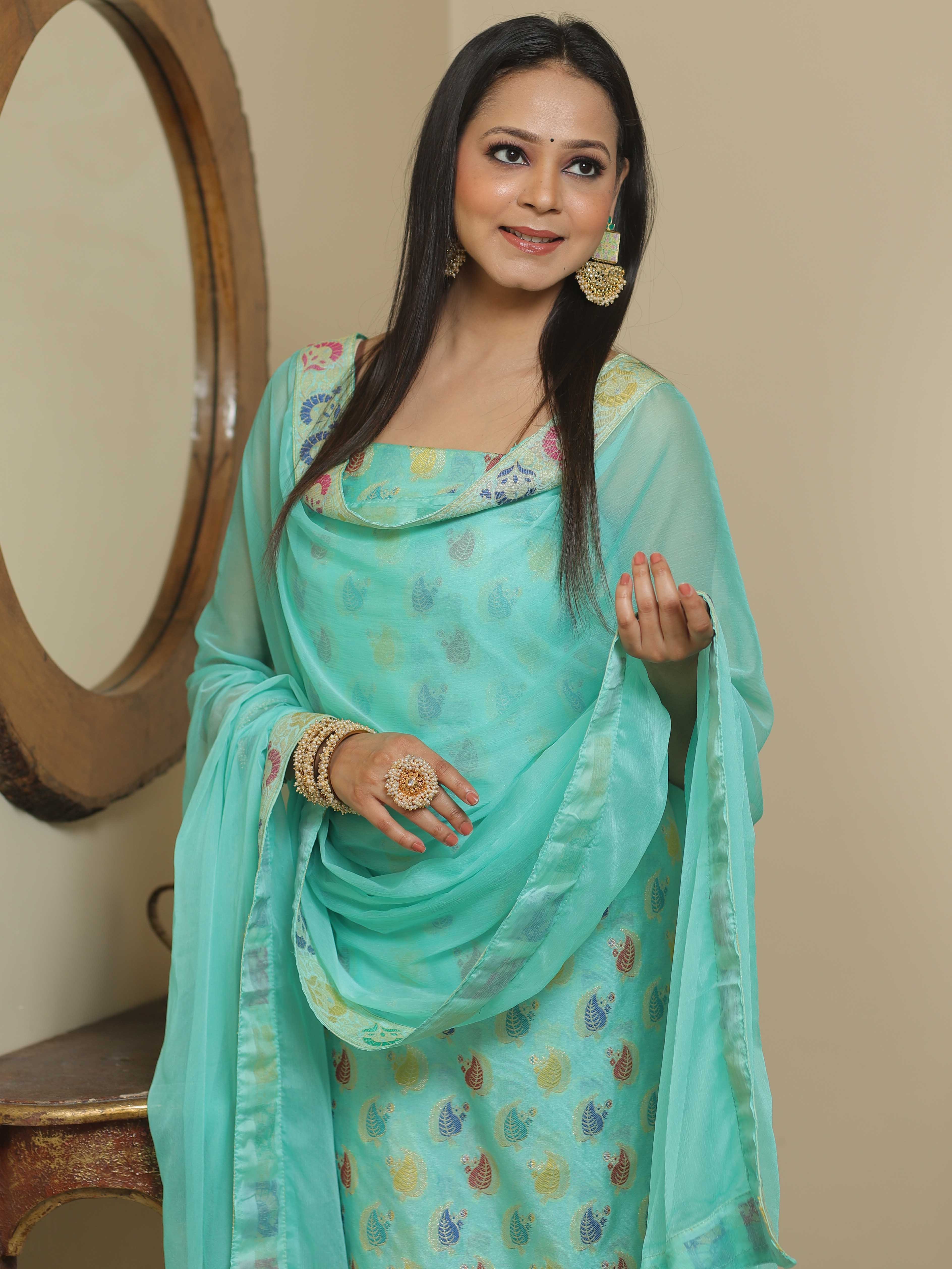 Banarasee Salwar Kameez Semi Katan Silk Zari Buti Fabric With Chiffon Dupatta-Cyan Green