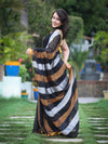 Bhagalpur Handloom Pure Linen Saree With Gold & Silver Stripes-Black