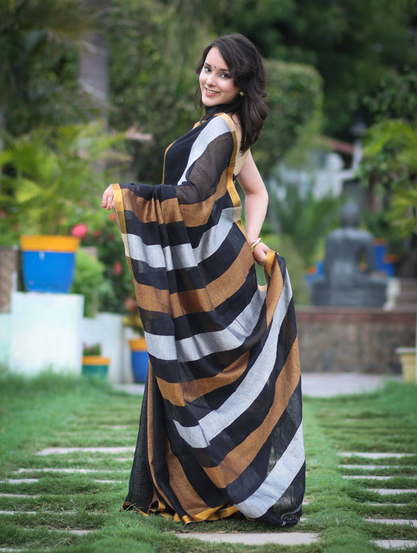 Bhagalpur Handloom Pure Linen Saree With Gold & Silver Stripes-Black