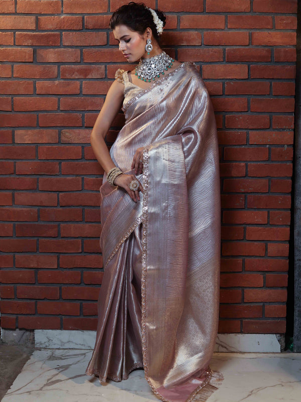 Banarasee Handwoven Tissue Saree With Silver Zari Design & Lace-Light Pink