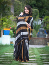 Bhagalpur Handloom Pure Linen Saree With Gold & Silver Stripes-Black