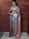 Banarasee Handwoven Tissue Saree With Silver Zari Design & Lace-Light Pink