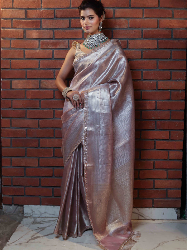 Banarasee Handwoven Tissue Saree With Silver Zari Design & Lace-Light Pink