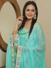 Banarasee Salwar Kameez Semi Katan Silk Zari Buti Fabric With Chiffon Dupatta-Cyan Green