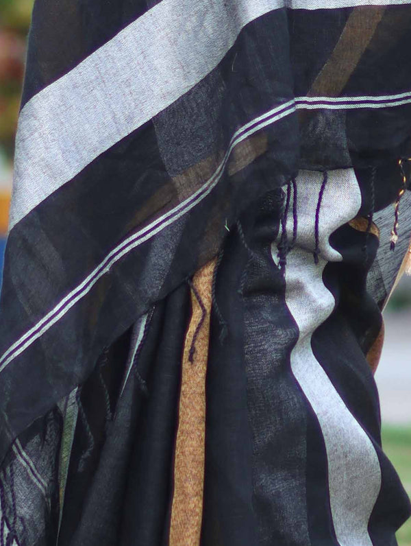 Bhagalpur Handloom Pure Linen Saree With Gold & Silver Stripes-Black