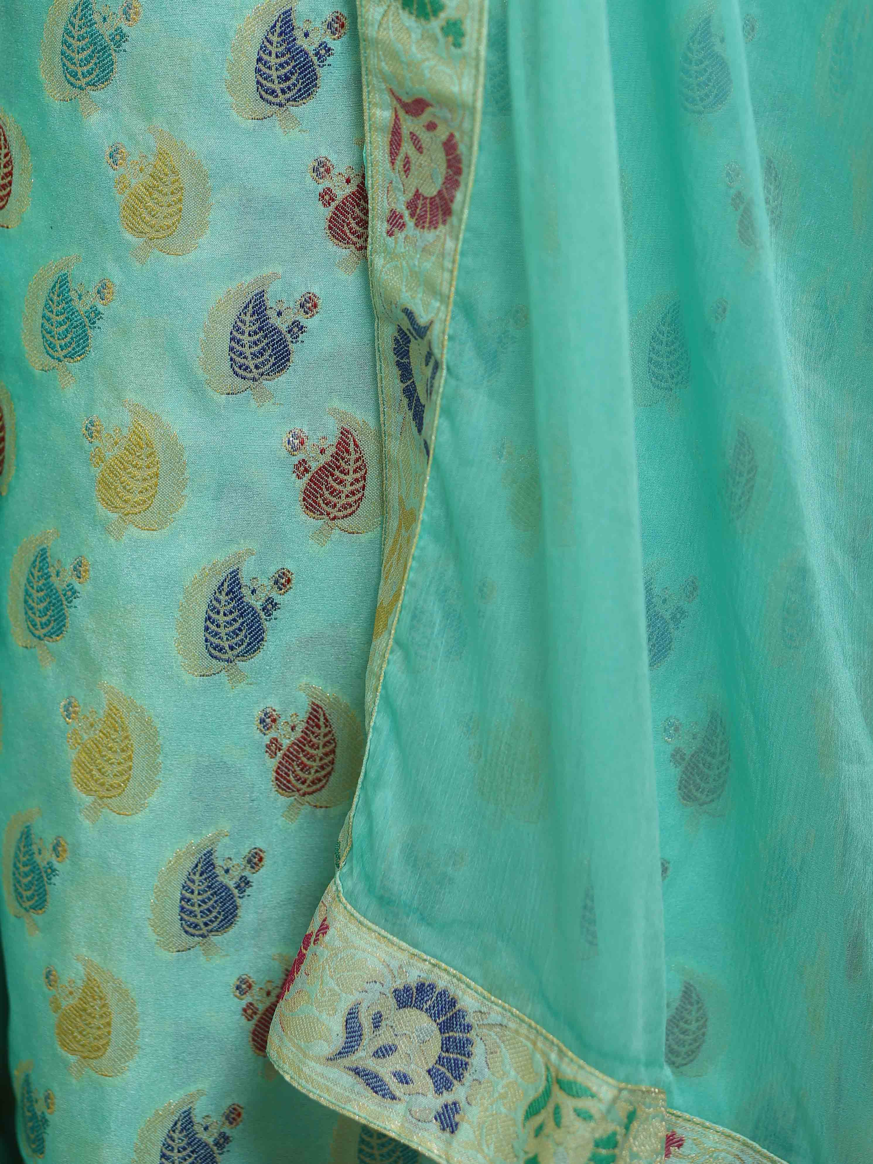 Banarasee Salwar Kameez Semi Katan Silk Zari Buti Fabric With Chiffon Dupatta-Cyan Green