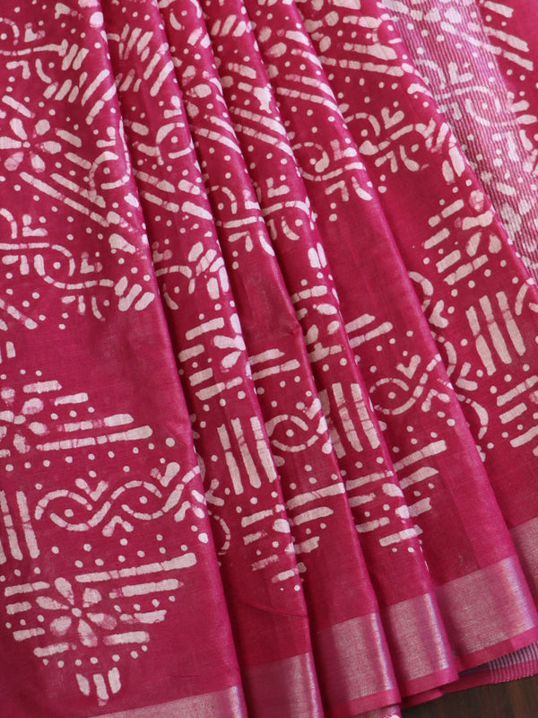 Bhagalpur Handloom Pure Linen Cotton Batik Pattern Saree-Pink