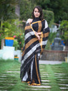 Bhagalpur Handloom Pure Linen Saree With Gold & Silver Stripes-Black