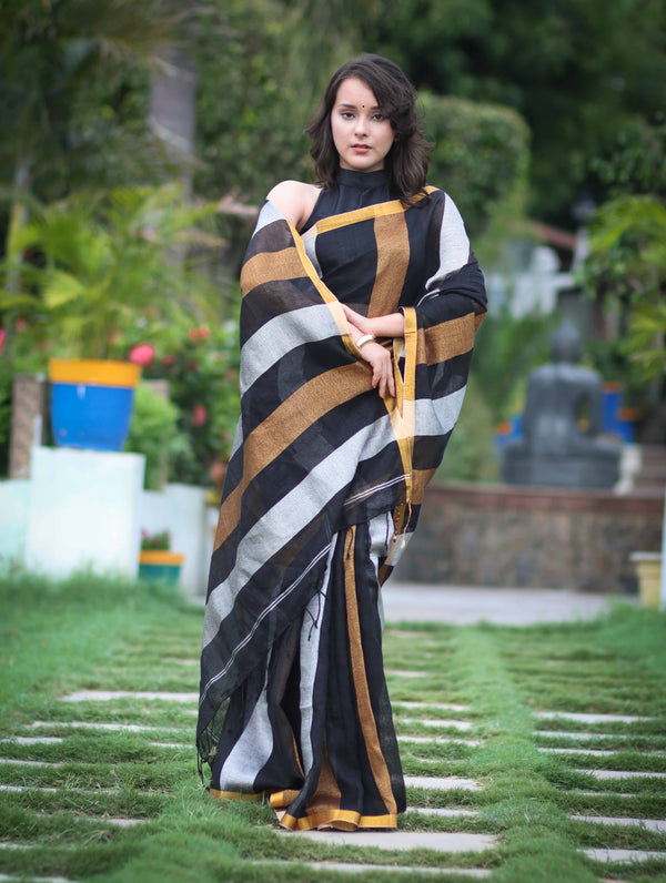 Bhagalpur Handloom Pure Linen Saree With Gold & Silver Stripes-Black