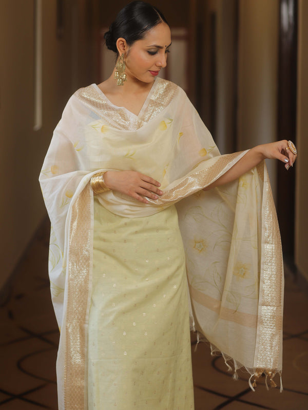 Banarasee Lurex Cotton Zari Work Salwar Kameez Fabric With Hand Painted Dupatta-Yellow