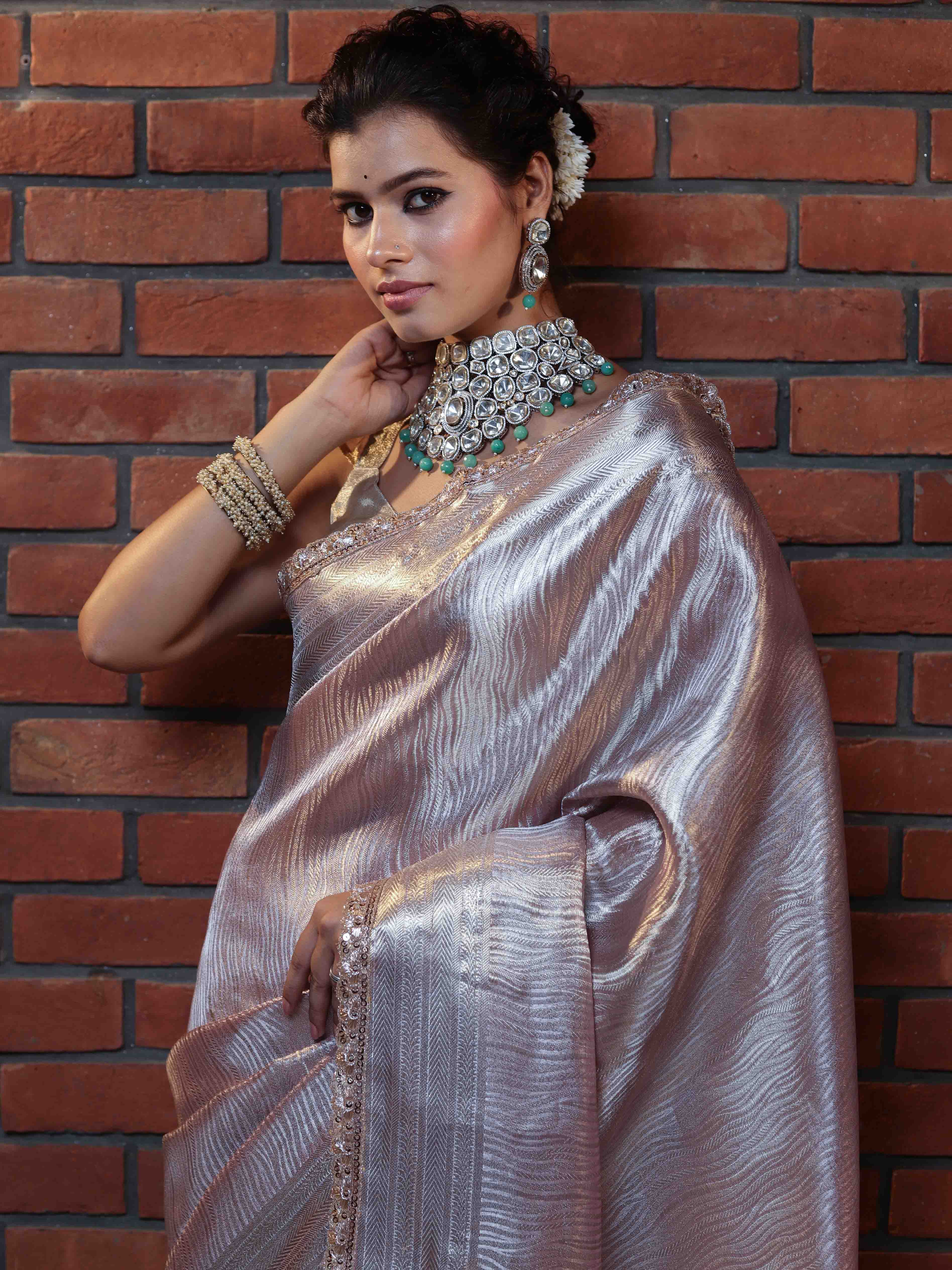 Banarasee Handwoven Tissue Saree With Silver Zari Design & Lace-Light Pink