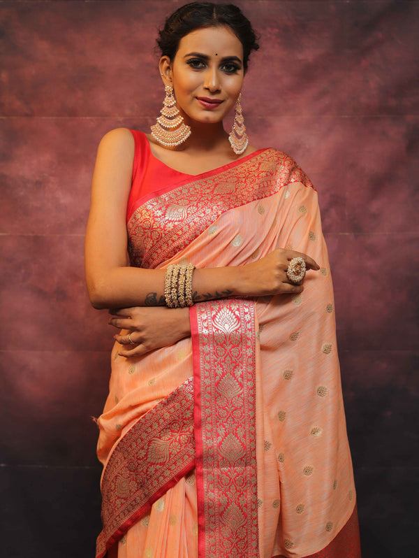 Banarasee Cotton Silk Mix Banswada Sari With Zari Buta & Contrast Border-Peach & Red