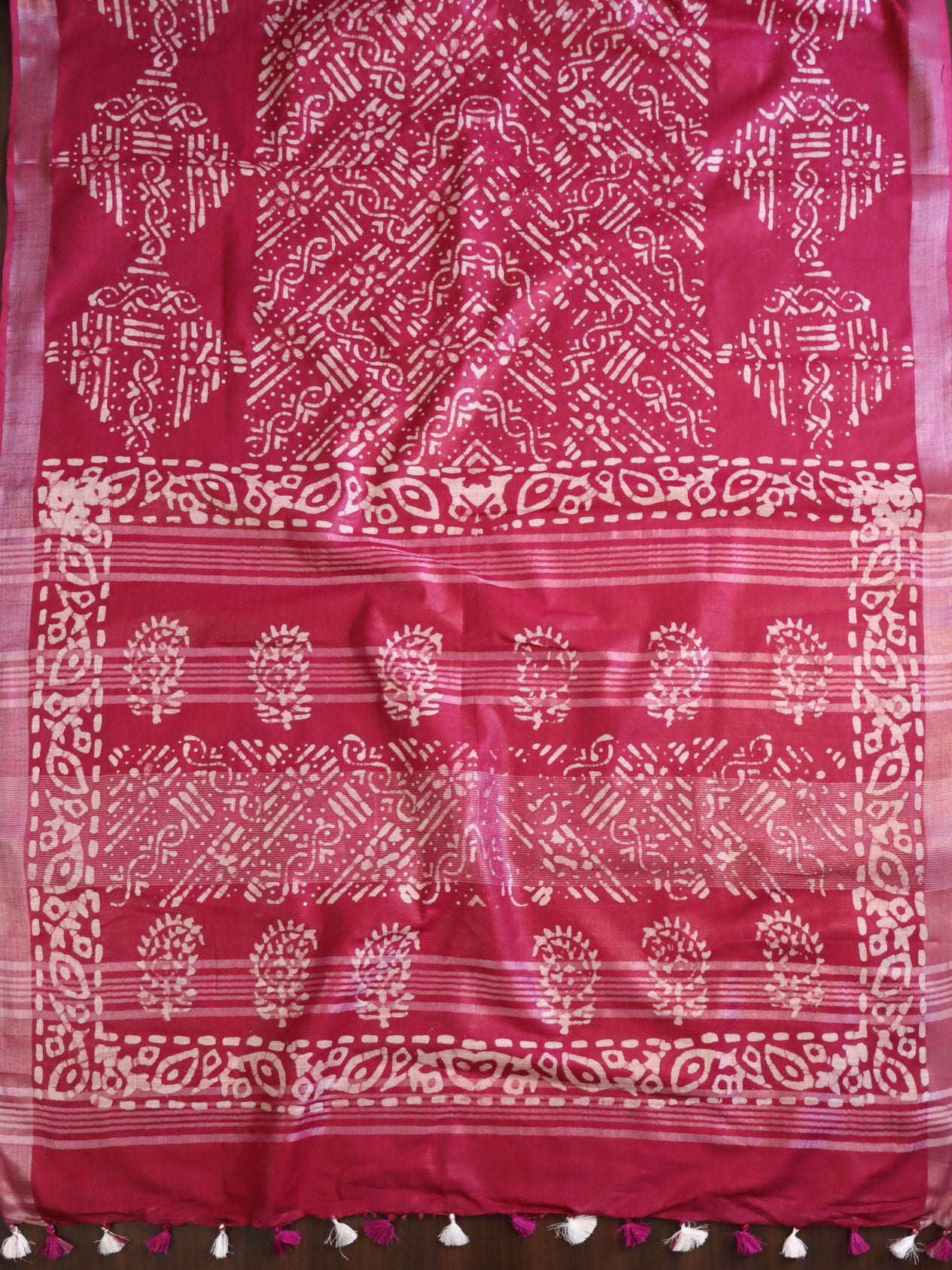 Bhagalpur Handloom Pure Linen Cotton Batik Pattern Saree-Pink