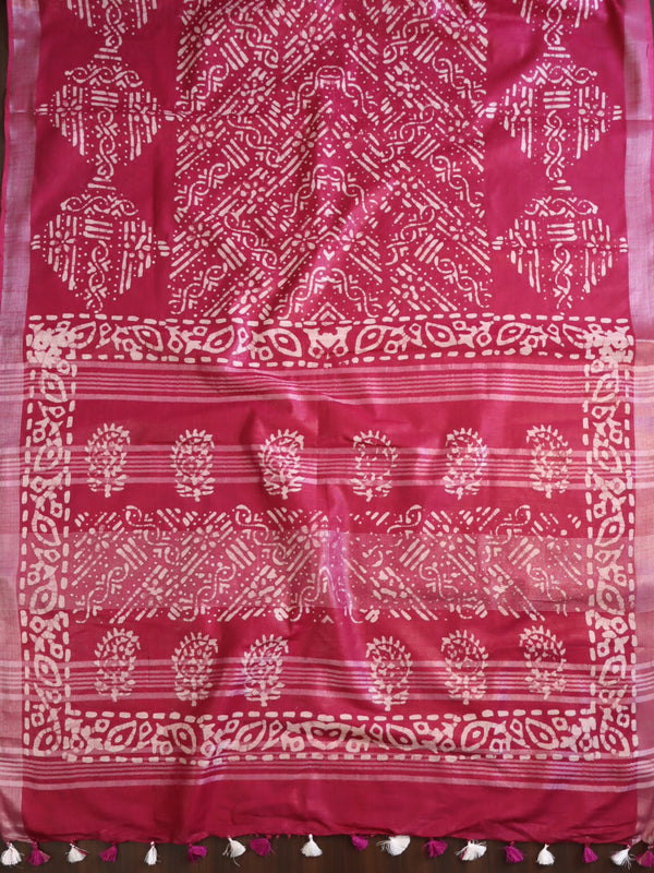 Bhagalpur Handloom Pure Linen Cotton Batik Pattern Saree-Pink