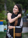 Bhagalpur Handloom Pure Linen Saree With Gold & Silver Stripes-Black