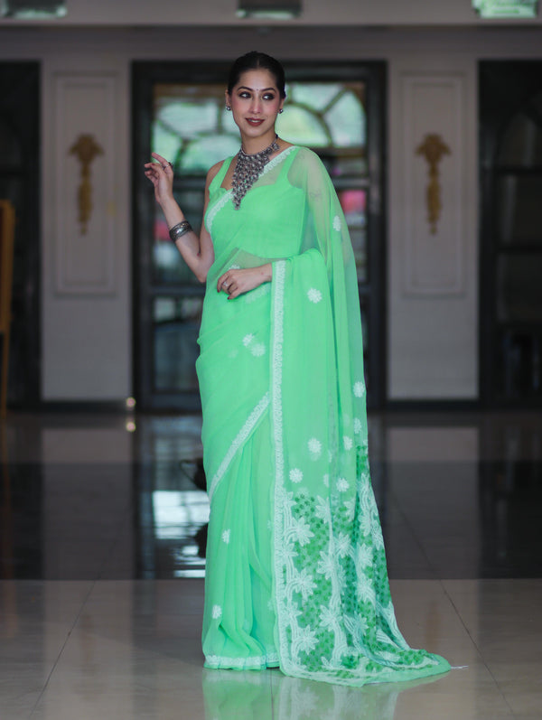 Banarasee Handwoven Georgette Saree With Chikankari Work-Light Green