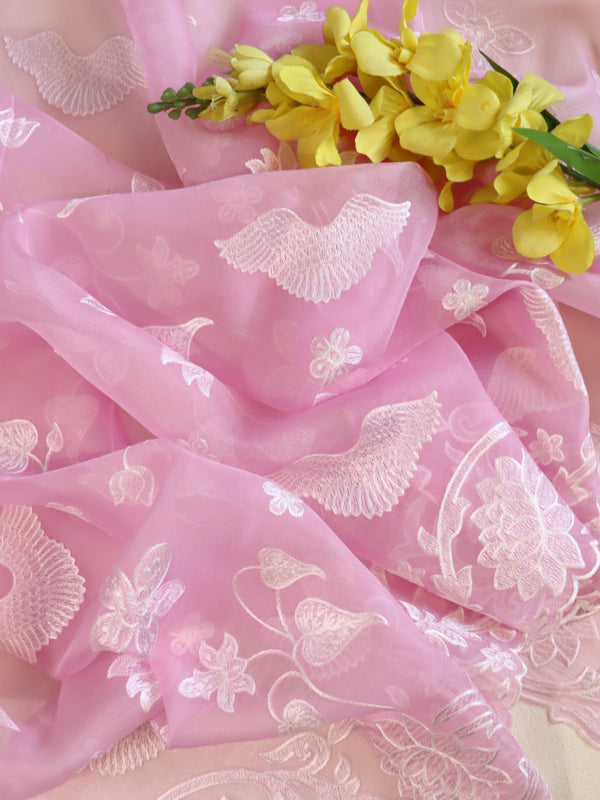 Banarasee Pure Organza Silk Saree With Floral Resham Embroidery-Pink