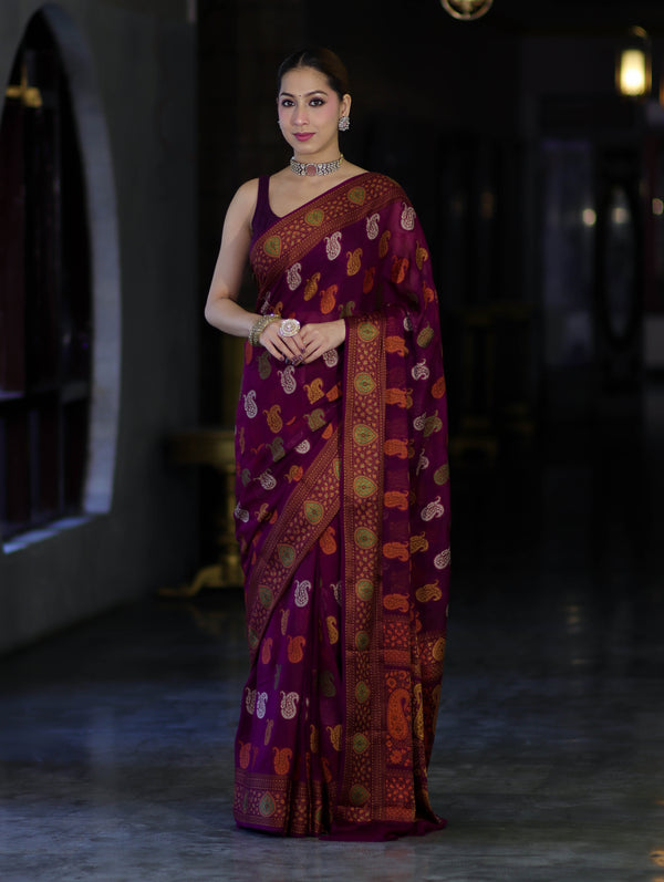 Banarasee Pure Chiffon Saree With Resham Buta Work & Border-Violet