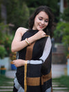 Bhagalpur Handloom Pure Linen Saree With Gold & Silver Stripes-Black