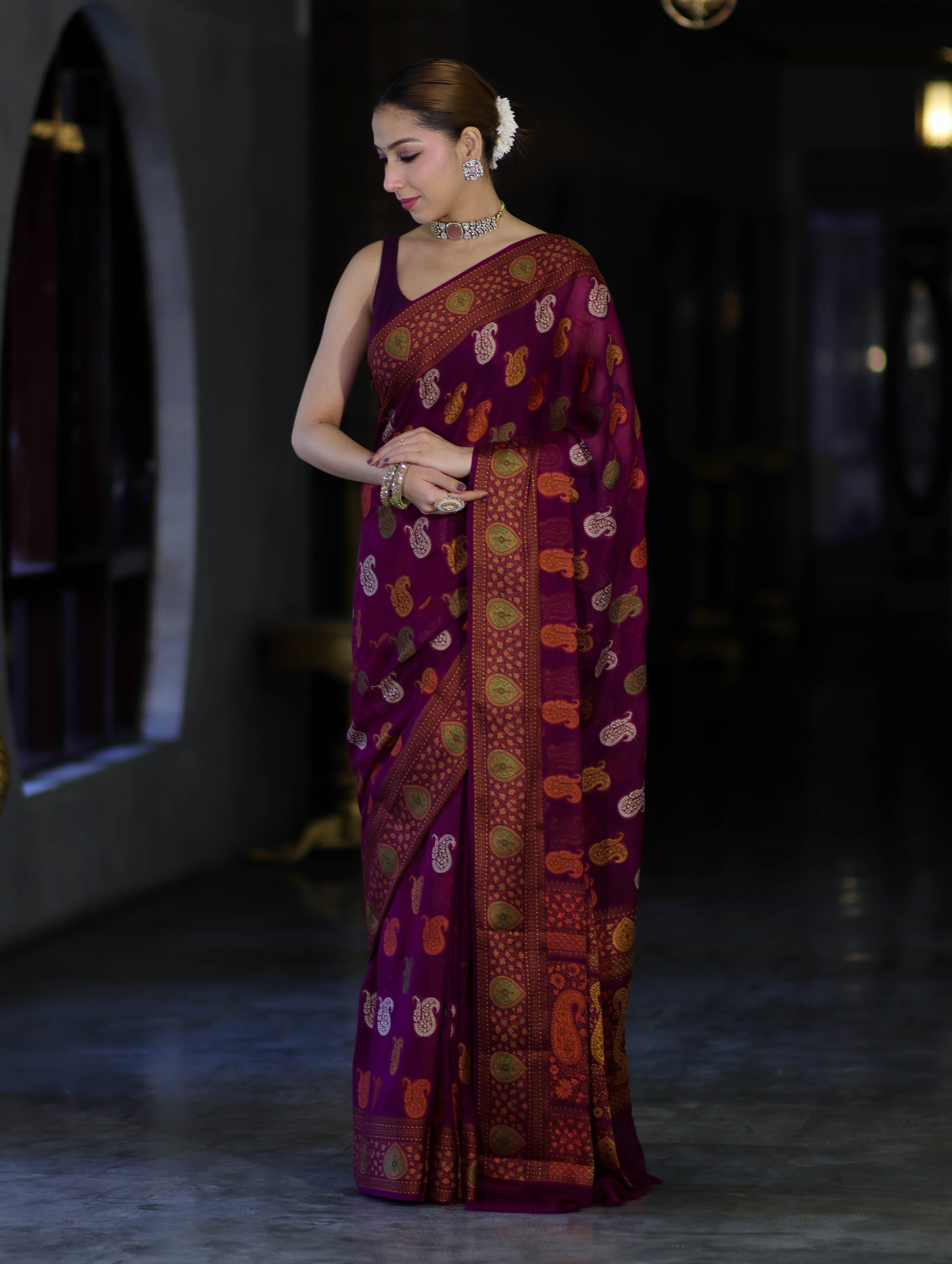 Banarasee Pure Chiffon Saree With Resham Buta Work & Border-Violet