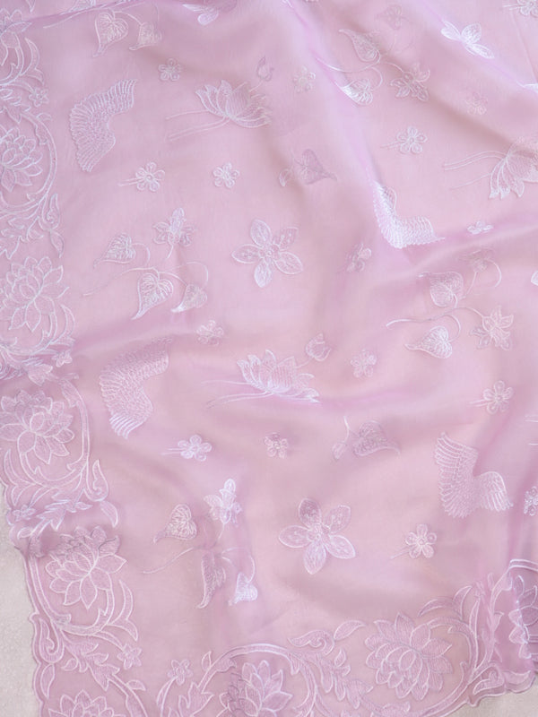 Banarasee Pure Organza Silk Saree With Floral Resham Embroidery-Pink