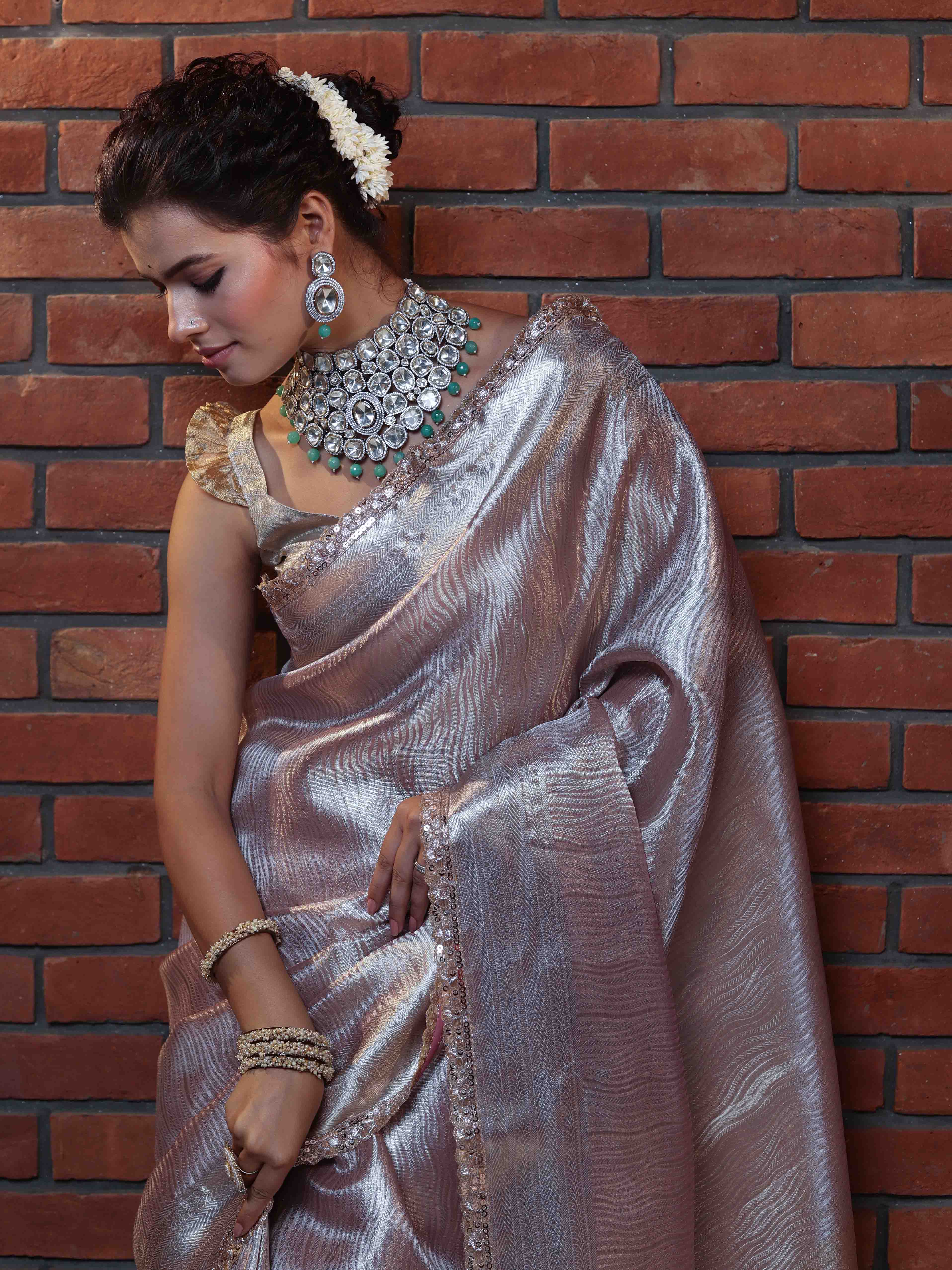Banarasee Handwoven Tissue Saree With Silver Zari Design & Lace-Light Pink