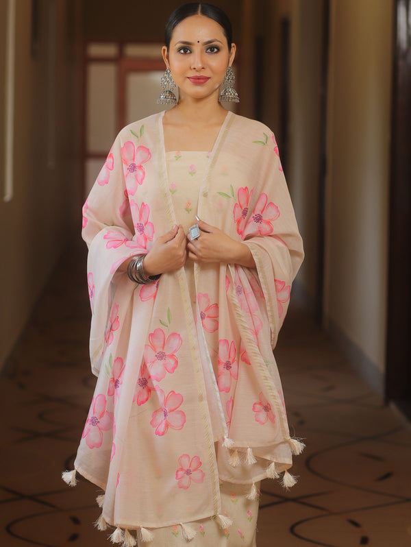 Banarasee Chanderi Silk Embroidery Buti Salwar Kameez Fabric With Digital Print Dupatta Set-Peach