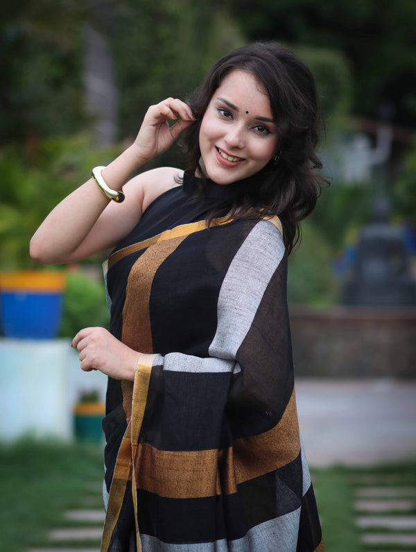 Bhagalpur Handloom Pure Linen Saree With Gold & Silver Stripes-Black