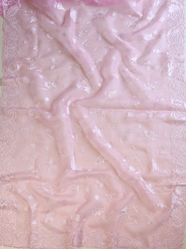 Banarasee Pure Organza Silk Saree With Floral Resham Embroidery-Pink