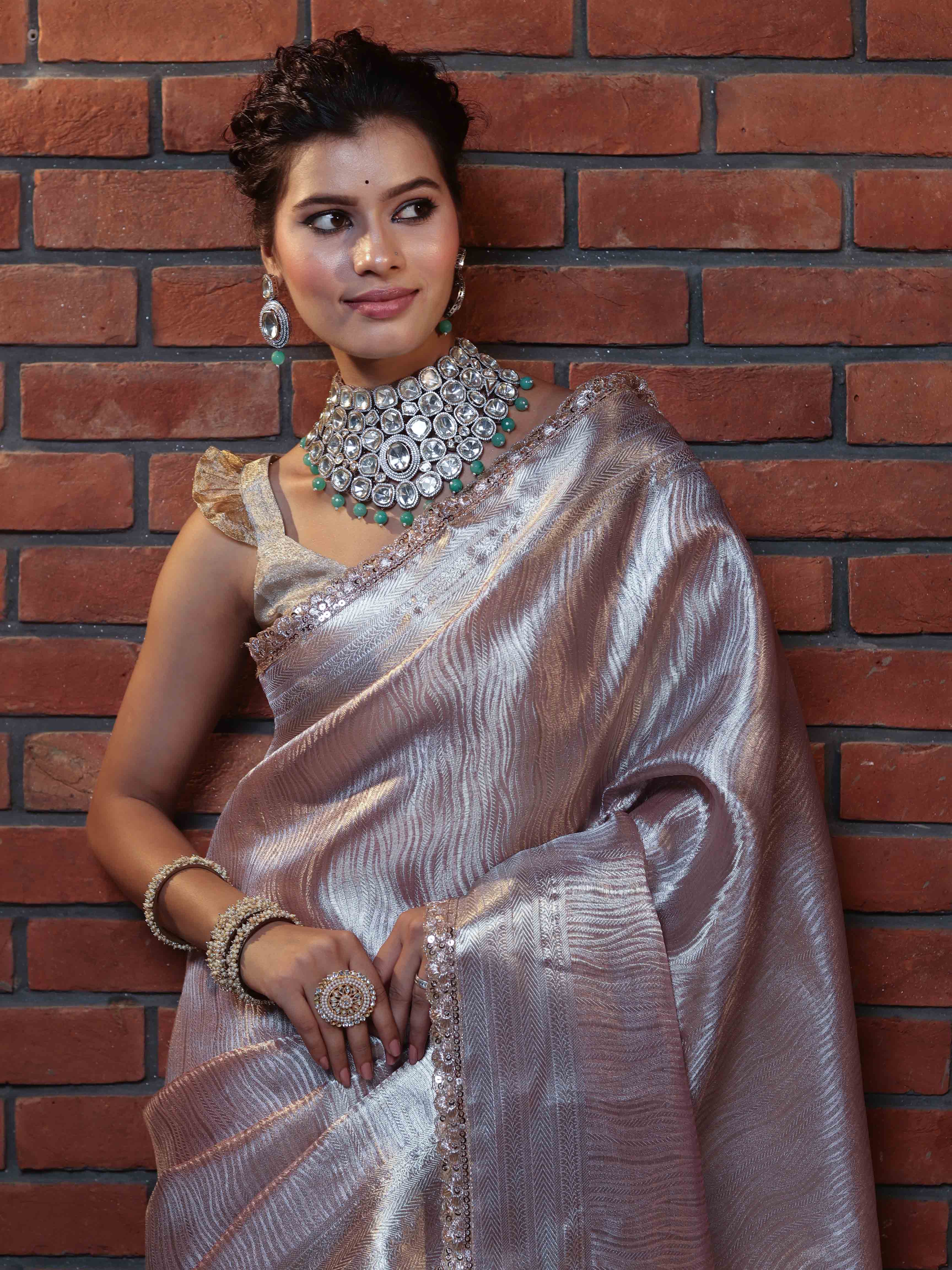 Banarasee Handwoven Tissue Saree With Silver Zari Design & Lace-Light Pink