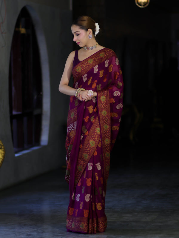 Banarasee Pure Chiffon Saree With Resham Buta Work & Border-Violet