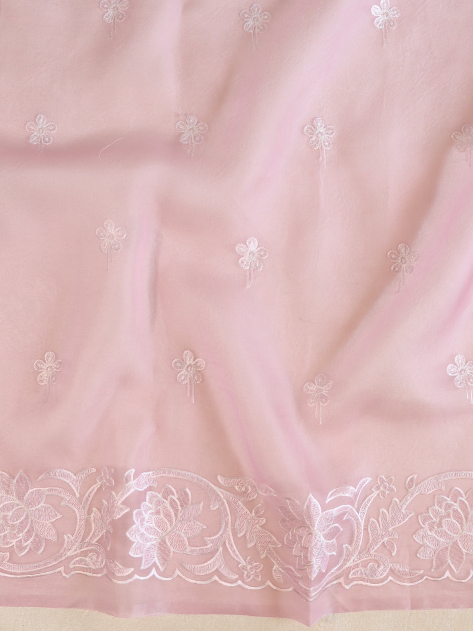 Banarasee Pure Organza Silk Saree With Floral Resham Embroidery-Pink