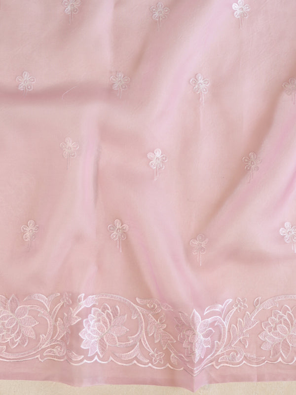 Banarasee Pure Organza Silk Saree With Floral Resham Embroidery-Pink