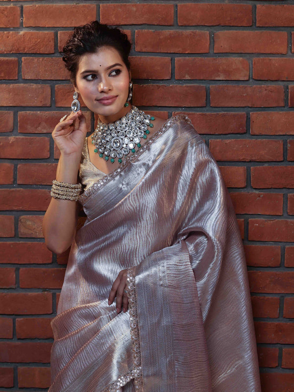 Banarasee Handwoven Tissue Saree With Silver Zari Design & Lace-Light Pink