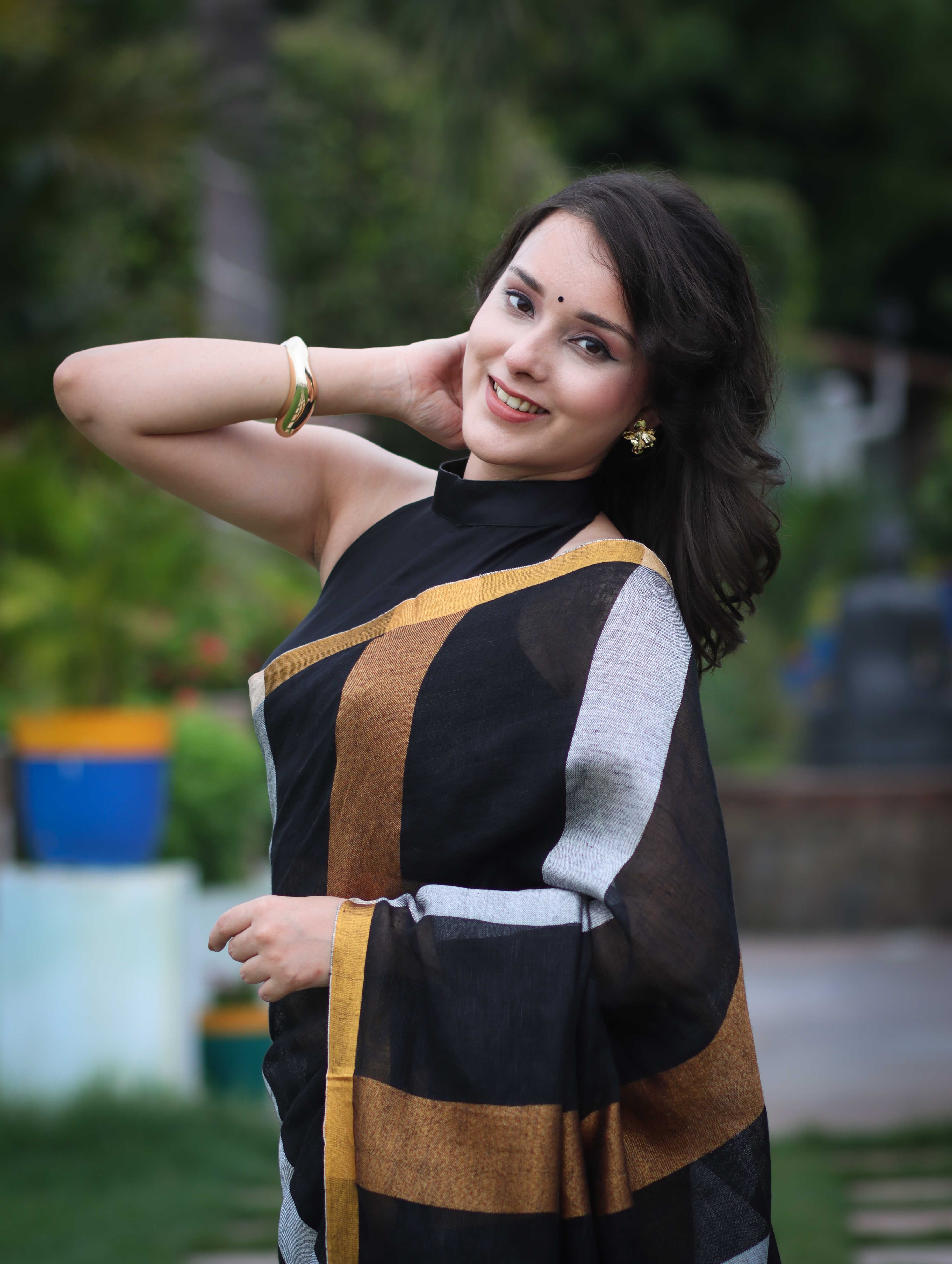 Bhagalpur Handloom Pure Linen Saree With Gold & Silver Stripes-Black