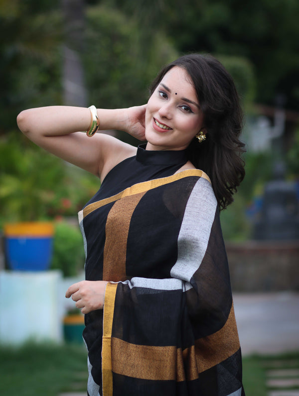 Bhagalpur Handloom Pure Linen Saree With Gold & Silver Stripes-Black