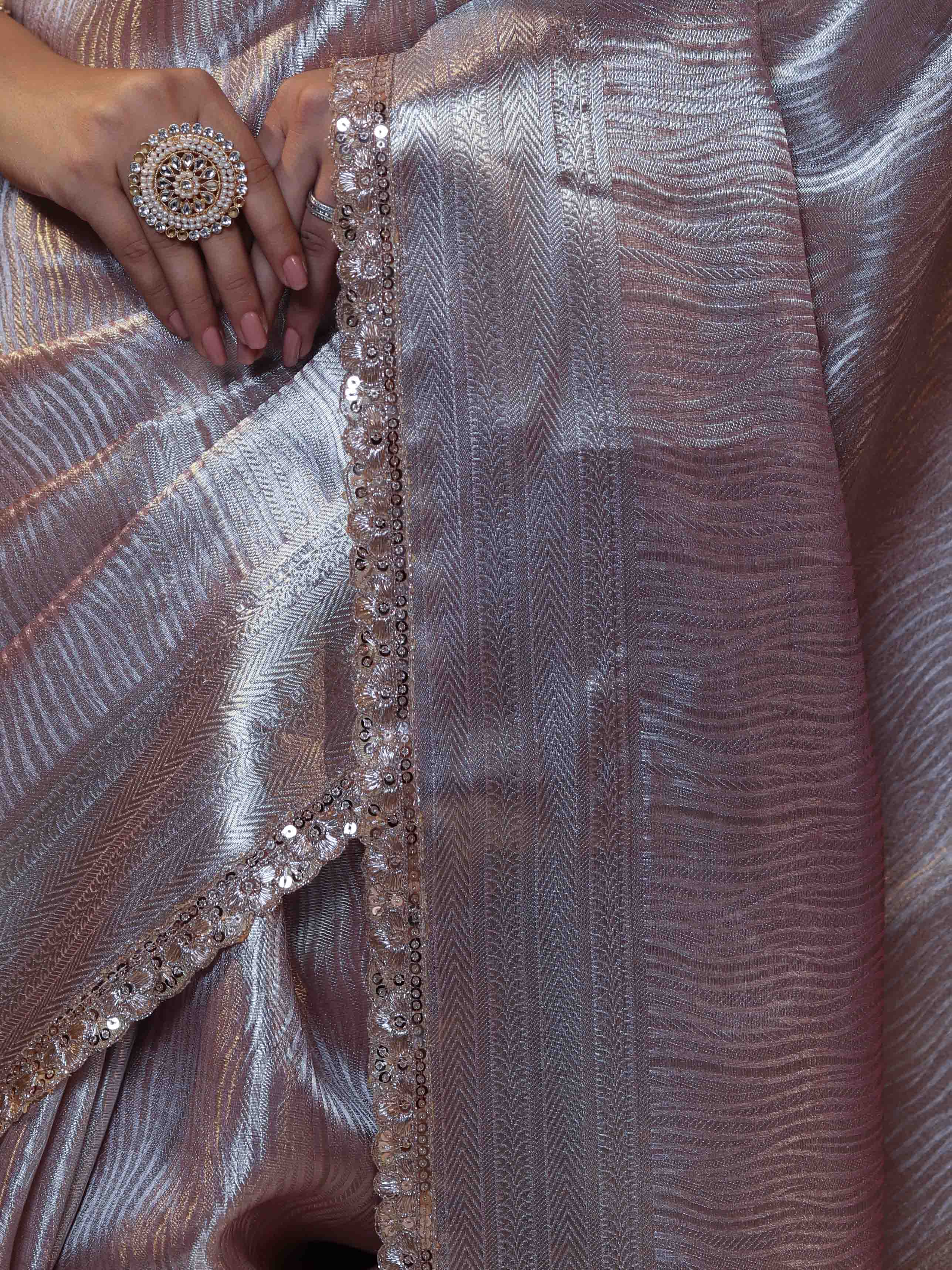 Banarasee Handwoven Tissue Saree With Silver Zari Design & Lace-Light Pink
