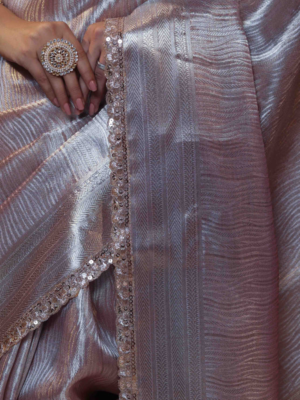 Banarasee Handwoven Tissue Saree With Silver Zari Design & Lace-Light Pink