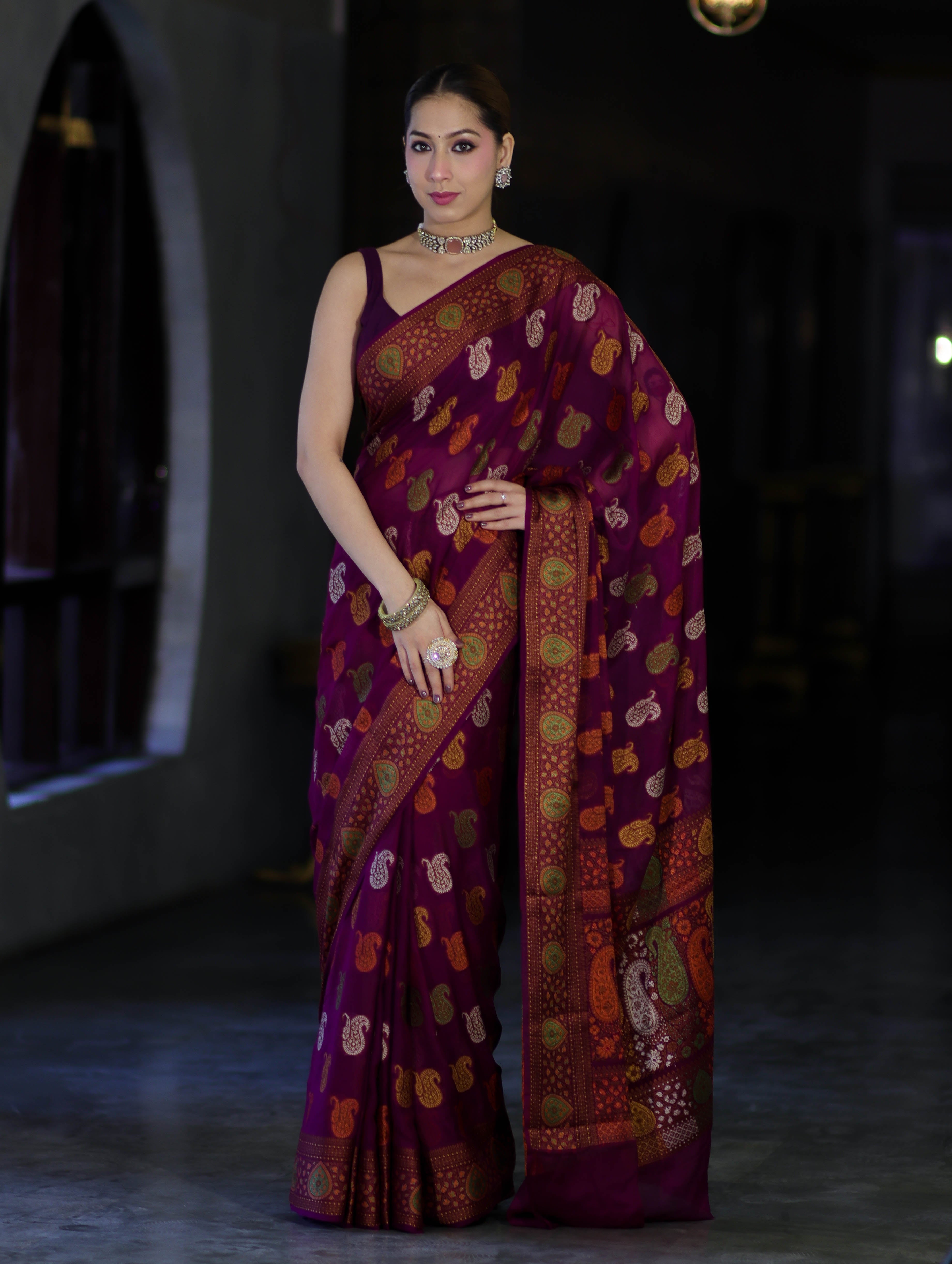 Banarasee Pure Chiffon Saree With Resham Buta Work & Border-Violet