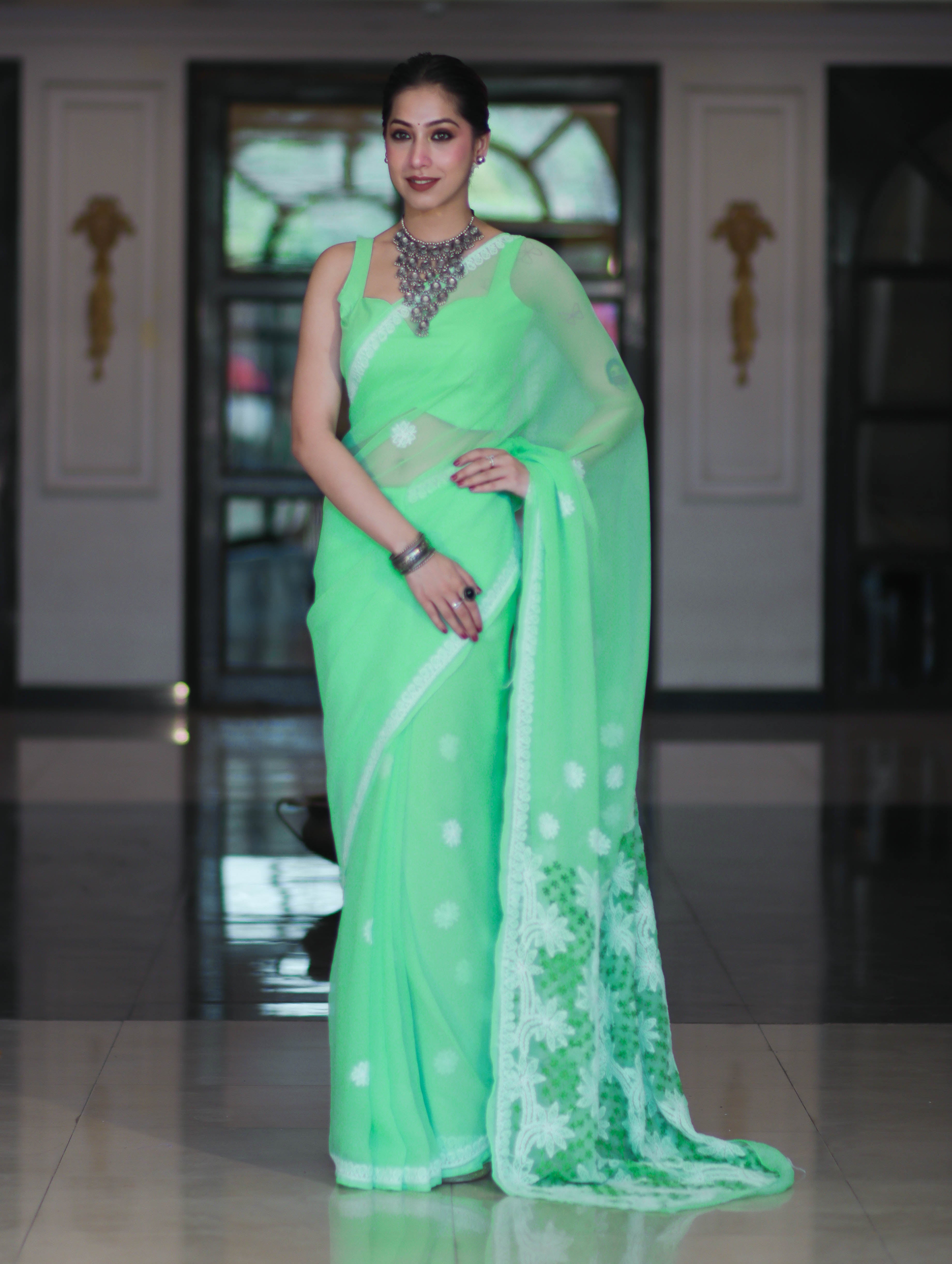 Banarasee Handwoven Georgette Saree With Chikankari Work-Light Green