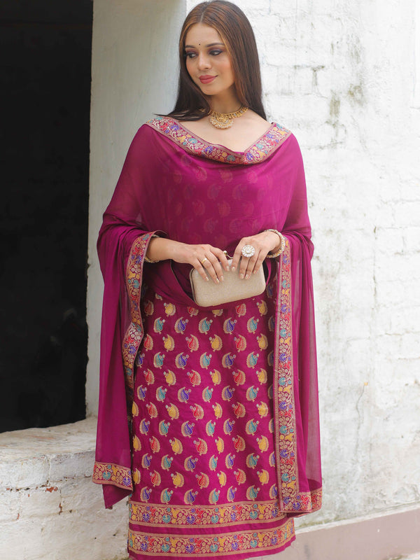 Banarasee Salwar Kameez Semi Katan Silk Zari Buti Fabric With Chiffon Dupatta-Magenta